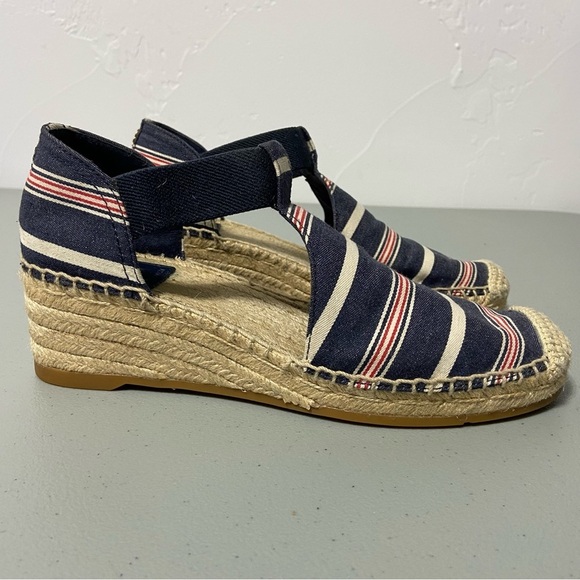 Tory Burch Striped Nautical Blue Red Women Espadrille Wedge Size 8M - Picture 1 of 10